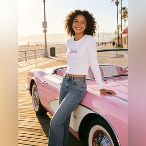 Barbie x Forever 21 Plus Lettuce Edge Top - White & Pink